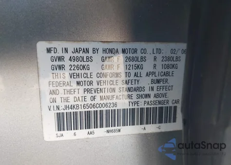 2006 Acura Rl 3.5 из США, поврежденный, VIN JH4KB16506C006236